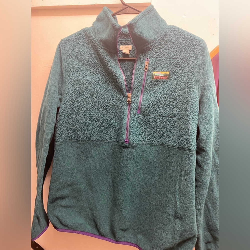 LL Bean half zip Sherpa Fleece Hybrid pullover teal and purple